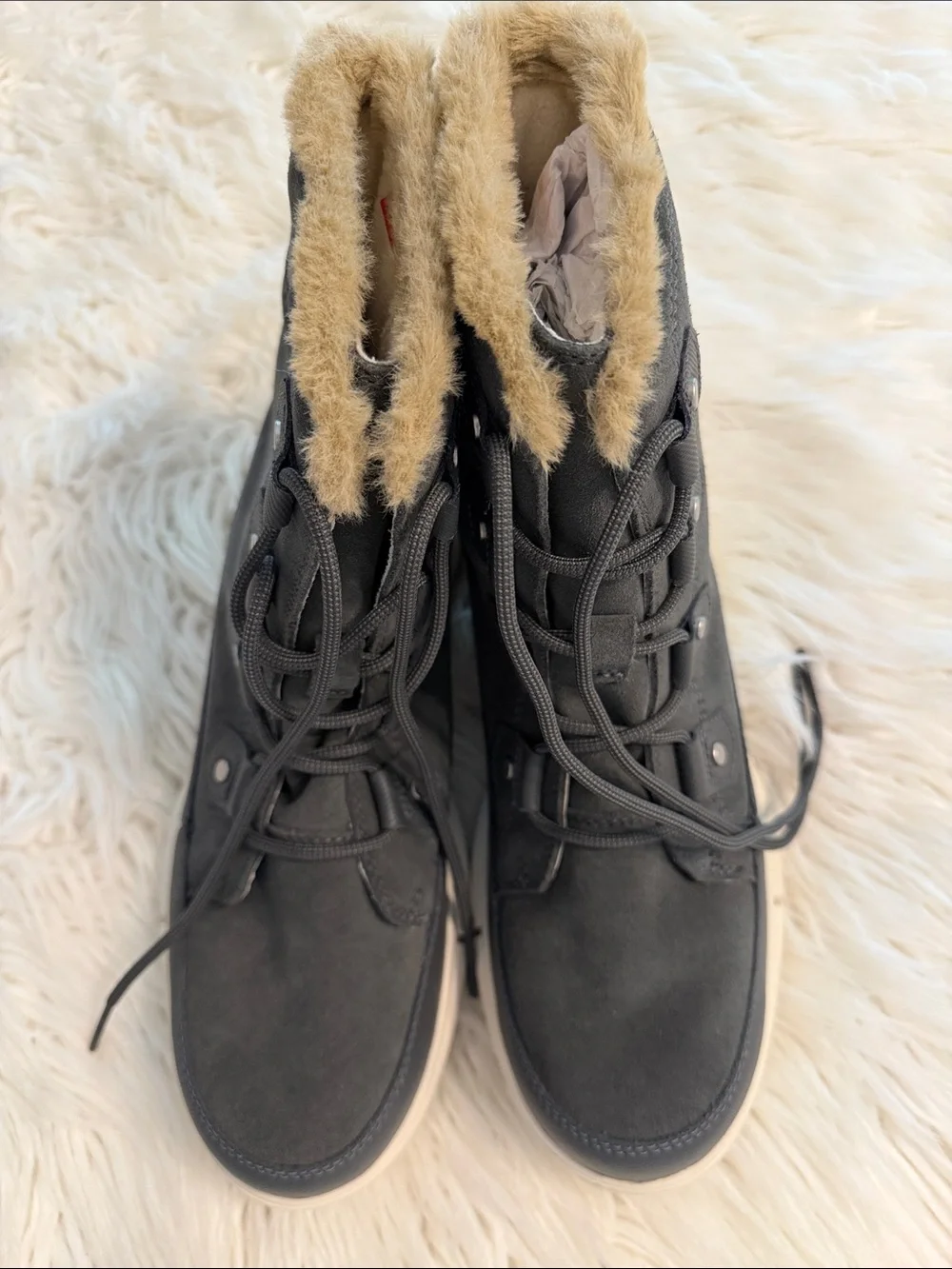 Sorel Charcoal Grey Suede Lace-Up Faux Fur Ankle Boots size 9.5 BNWOT see photos